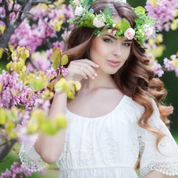 white dress blossom wreath brunette model woman PFP