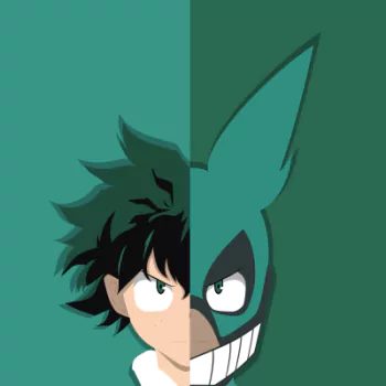 Forum avatar of Izuku Midoriya (My Hero Academia): split-face — left unmasked with messy green hair and earnest eye, right masked with a wide grin against a two-tone teal background.