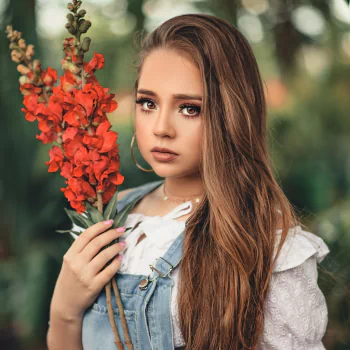 red flower brown eyes brunette long hair model woman PFP