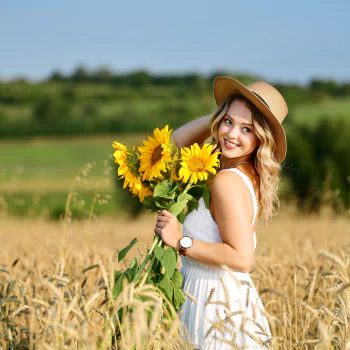 sunflower depth of field white dress hat blonde smile summer woman model PFP