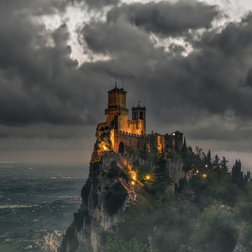 Towers of San Marino under Dark Clouds