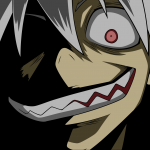 Anime/Soul Eater forum avatar: close-up of a grinning character with one red eye, black facial shadow and sharp jagged teeth in a high-contrast, stylized profile image.