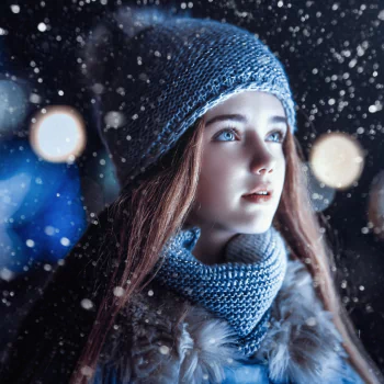 brunette blue eyes bokeh snowfall scarf hat model woman PFP