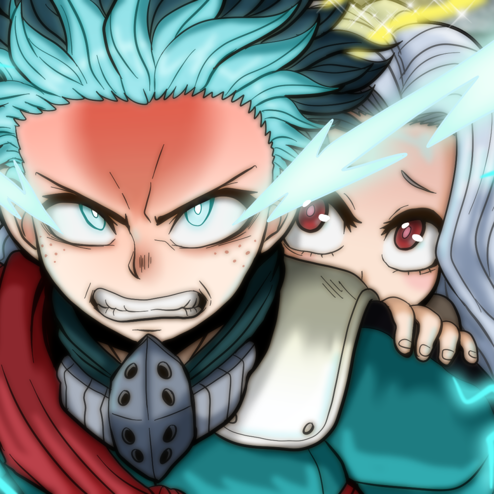 My Hero Academia forum avatar: close-up of Izuku Midoriya snarling with glowing eyes and energy, Eri clutching his shoulder behind him.