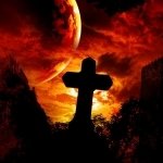 Dark gothic forum avatar/pfp: silhouetted stone cross against a blood-red sky, a looming planet and crumbling castle ruins in the background.