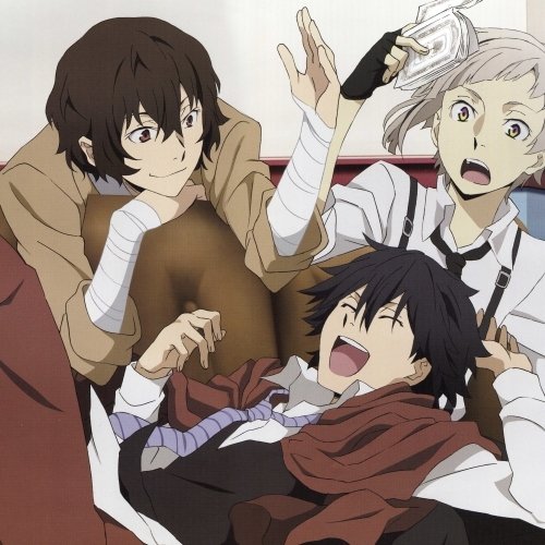 Anime Bungou Stray Dogs forum avatar/pfp/profile photo of three characters laughing and playfully tussling in a casual, friendly group pose.