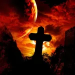 Dark gothic forum avatar/pfp: silhouetted stone cross against a blood-red sky, a looming planet and crumbling castle ruins in the background.