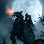 Dark Grim Reaper avatar shows a shadowy figure cloaked in black, riding a black horse under a full moon, evoking a grim, eerie atmosphere for a forum profile.