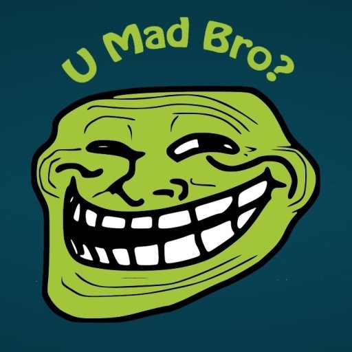 Funny meme forum avatar featuring a green troll face with a wide grin and the text U Mad Bro? above it.