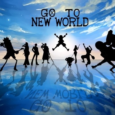 Forum avatar of silhouetted Straw Hat crew — Monkey D. Luffy, Roronoa Zoro, Nami, Usopp, Sanji, Tony Tony Chopper, Nico Robin, Franky and Brook — with GO TO NEW WORLD over a blue sky.