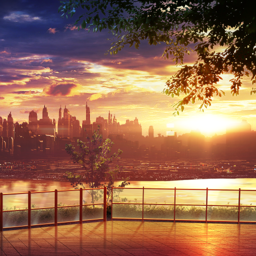 Futuristic anime cityscape at sunset by monorisu