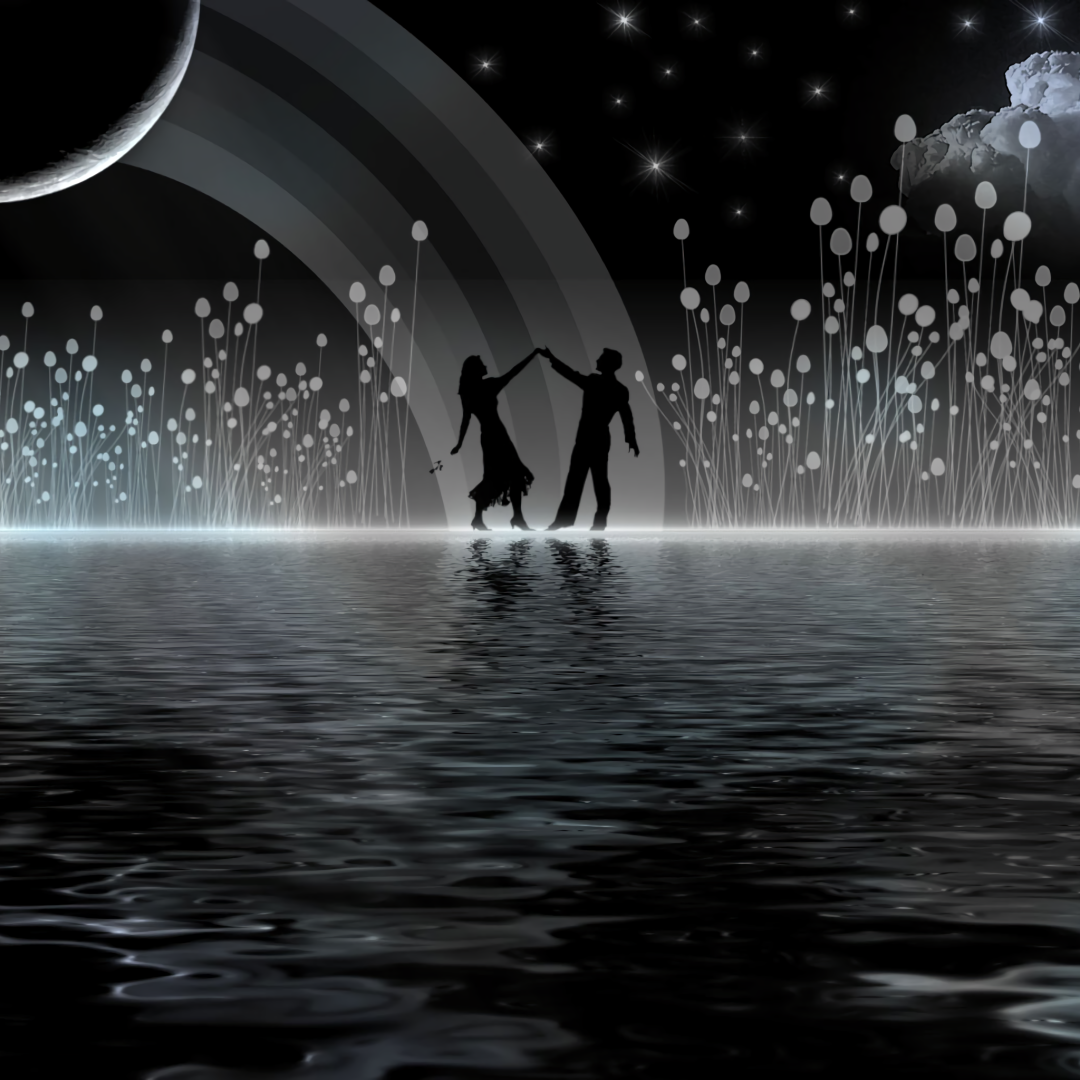 A silhouetted couple dancing on the water