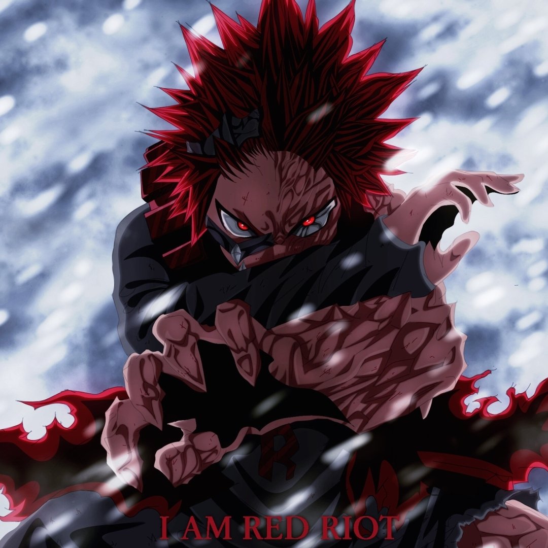 Eijiro Kirishima from My Hero Academia in a dynamic battle pose with intense red eyes and spiked hair, surrounded by a stormy, snowy background.