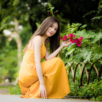 long hair brunette yellow dress asian model woman PFP