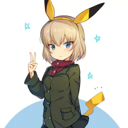 Forum avatar: anime Katyusha (Girls und Panzer), blonde short hair, blue eyes, military-style jacket, yellow ear headband and small lightning tail, flashing a peace sign.