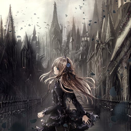Gothic anime-style avatar of a blonde girl with long hair in a dark dress, set against a dramatic backdrop of towering, gothic architecture and flying birds.