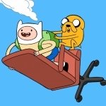 Adventure Time forum avatar featuring Finn and Jake joyfully riding a rolling office chair against a bright blue background, capturing their adventurous spirit.