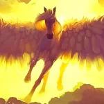 A majestic pegasus soars through a vibrant, golden sky, its powerful wings outstretched, creating an enchanting and dynamic fantasy avatar.