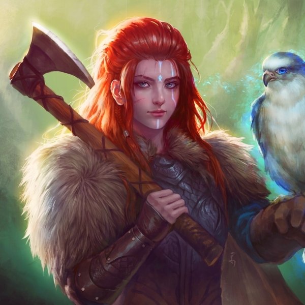 Download Red Hair Woman Warrior Viking Axe Falcon Bird Fantasy PFP By Angan Kelana