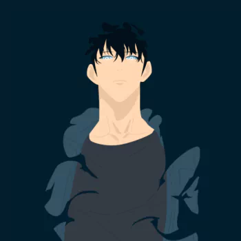 Forum avatar/pfp of Sung Jin‑Woo from the anime Solo Leveling — head-and-shoulders portrait with dark hair, pale skin, glowing blue eyes and a shadowy cloak on teal.