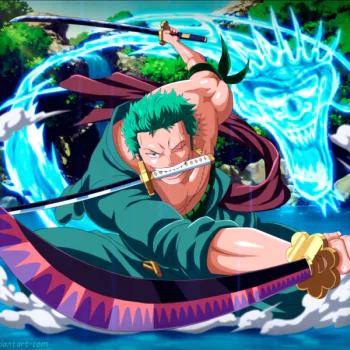 Dynamic anime-style avatar of Roronoa Zoro from One Piece, showcasing his fierce swordsmanship with a glowing spirit dragon in the background.