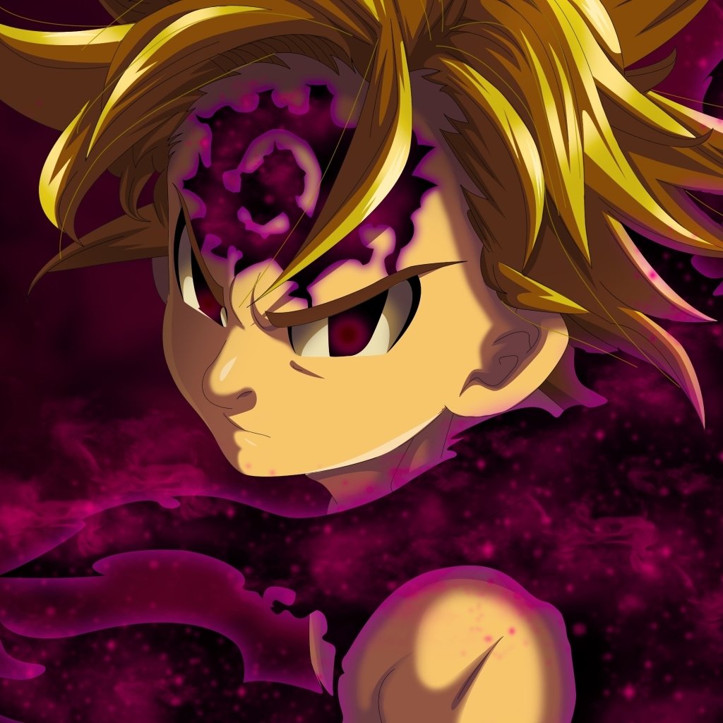 Forum avatar/pfp of Meliodas from The Seven Deadly Sins — anime close-up with a demonic eye, purple-black aura, and fierce, determined expression.