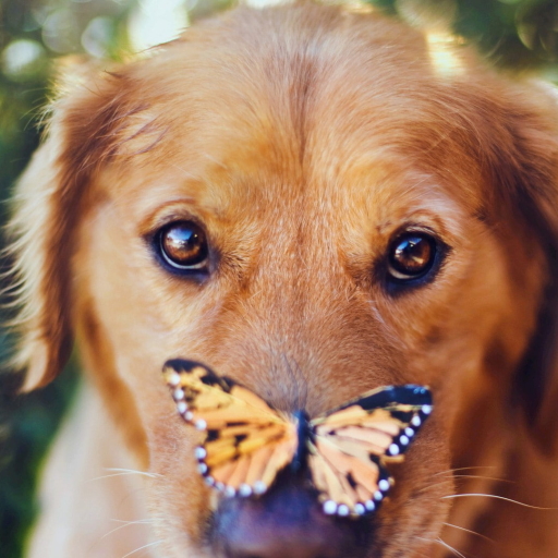 Golden Retriever with a butterfly resting on her nose