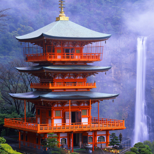 Japanese Temple and Waterfall