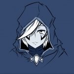 Avatar of a hooded character with silver hair and piercing eyes, styled in a dark blue tone, representing the DotA 2 video game for a forum profile picture.