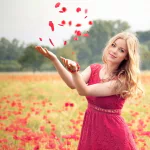 petal red dress field blue eyes blonde mood model woman PFP