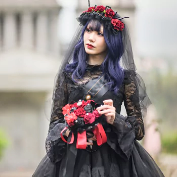 blue hair wreath black dress asian model woman PFP