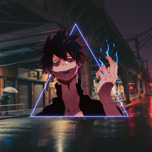 Forum avatar of Dabi (My Hero Academia): smirking inside a neon triangle, blue flames flicker from his hand against a rainy, neon-lit urban street.