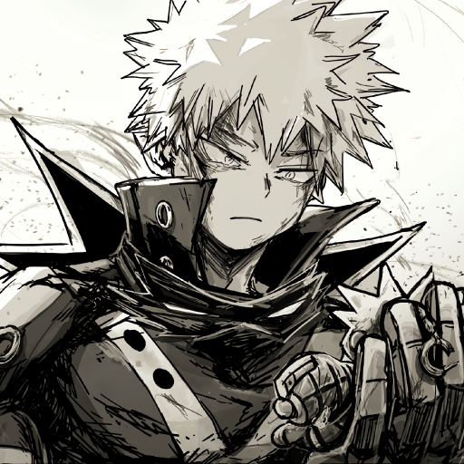 Monochrome sketch of Katsuki Bakugou (My Hero Academia) with a fierce scowl, spiky hair and hero gear, cropped and framed as a forum avatar/pfp.