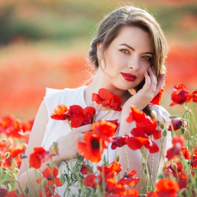 Download Lipstick Summer Red Flower Flower Poppy Depth Of Field Brunette Model Woman PFP
