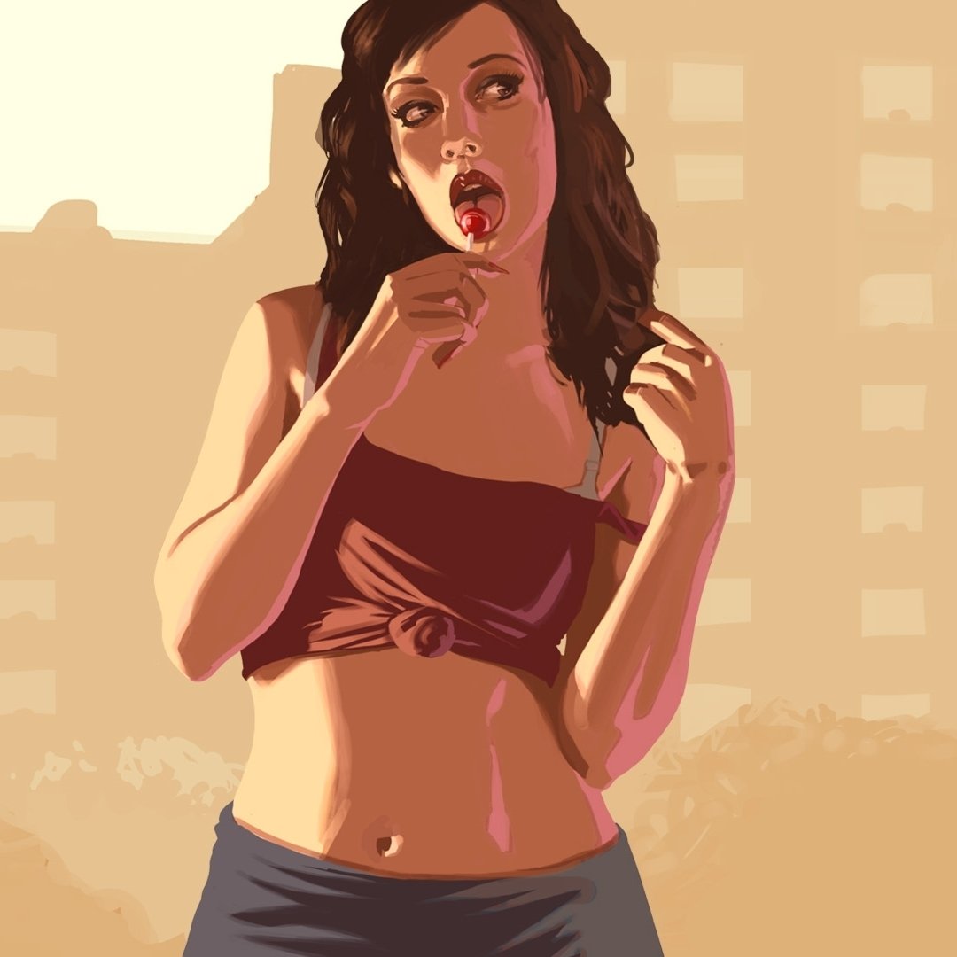 Forum avatar featuring a stylized female character from the video game Grand Theft Auto IV, holding a lollipop against a cityscape background.