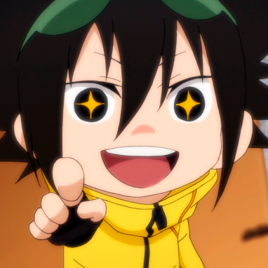 Chibi anime avatar from The God of High School: excited character in yellow jacket with starry eyes pointing, forum profile photo.