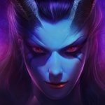 Forum avatar: close-up portrait of a blue-skinned, red-eyed female DotA 2 video game character with purple hair and a sinister smirk.