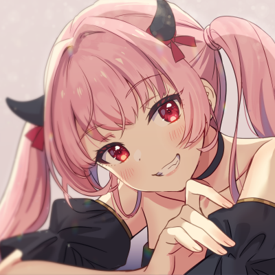Close-up anime girl with pink twintails and red eyes, smiling face and playful expression, shown as a forum avatar/pfp.