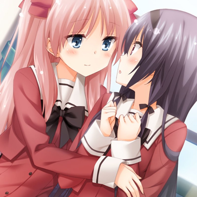 Yuri anime forum avatar showing two schoolgirls from A Kiss For The Petals - Remembering How We Met in a tender moment, one leaning in to kiss the other.