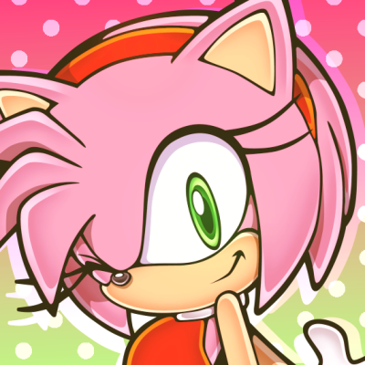 Winking Amy Rose with bright green eyes from Sonic the Hedgehog, drawn as a colorful video-game forum avatar/pfp on a pink polka-dot background.