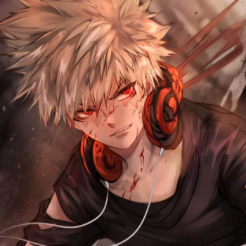 Forum avatar of Katsuki Bakugou from My Hero Academia, featuring intense red eyes, messy blond hair, and headphones around his neck with a dark, gritty background.