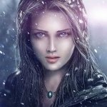 Stylized fantasy portrait of a woman with piercing eyes, dark hood, and glowing pendant amid falling snow — forum avatar/profile picture.