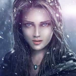 Stylized fantasy portrait of a woman with piercing eyes, dark hood, and glowing pendant amid falling snow — forum avatar/profile picture.