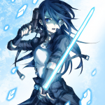 Anime Sword Art Online II forum avatar: blue-haired swordswoman in a black outfit wielding a glowing blue sword, set against a frosty background with floating ice shards.
