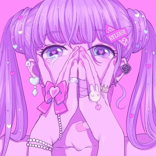 Original anime forum avatar/pfp: pastel purple twin-tailed girl with teary eyes, hands over mouth, heart and bow accessories, bandage and released hairpin on vivid pink background.