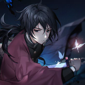 Forum avatar-style anime portrait of Giyuu Tomioka and Shinobu Kochou from Demon Slayer: Kimetsu no Yaiba — Giyuu poised with drawn blade amid glowing butterflies.