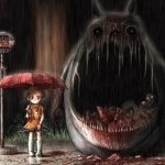 Dark, eerie forum avatar depicting a small figure with a red umbrella standing before a large, shadowy, monstrous creature with glowing eyes in a scary, haunting scene.