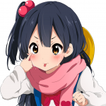 Anime-style avatar featuring a character from Tamako Market with dark hair, a pink scarf, and a red hair accessory, conveying a cute and playful expression.