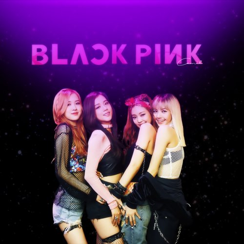 Forum avatar/pfp: BLACKPINK logo over a photo of four K-pop performers in pink-and-black stage outfits, music-themed neon backdrop.
