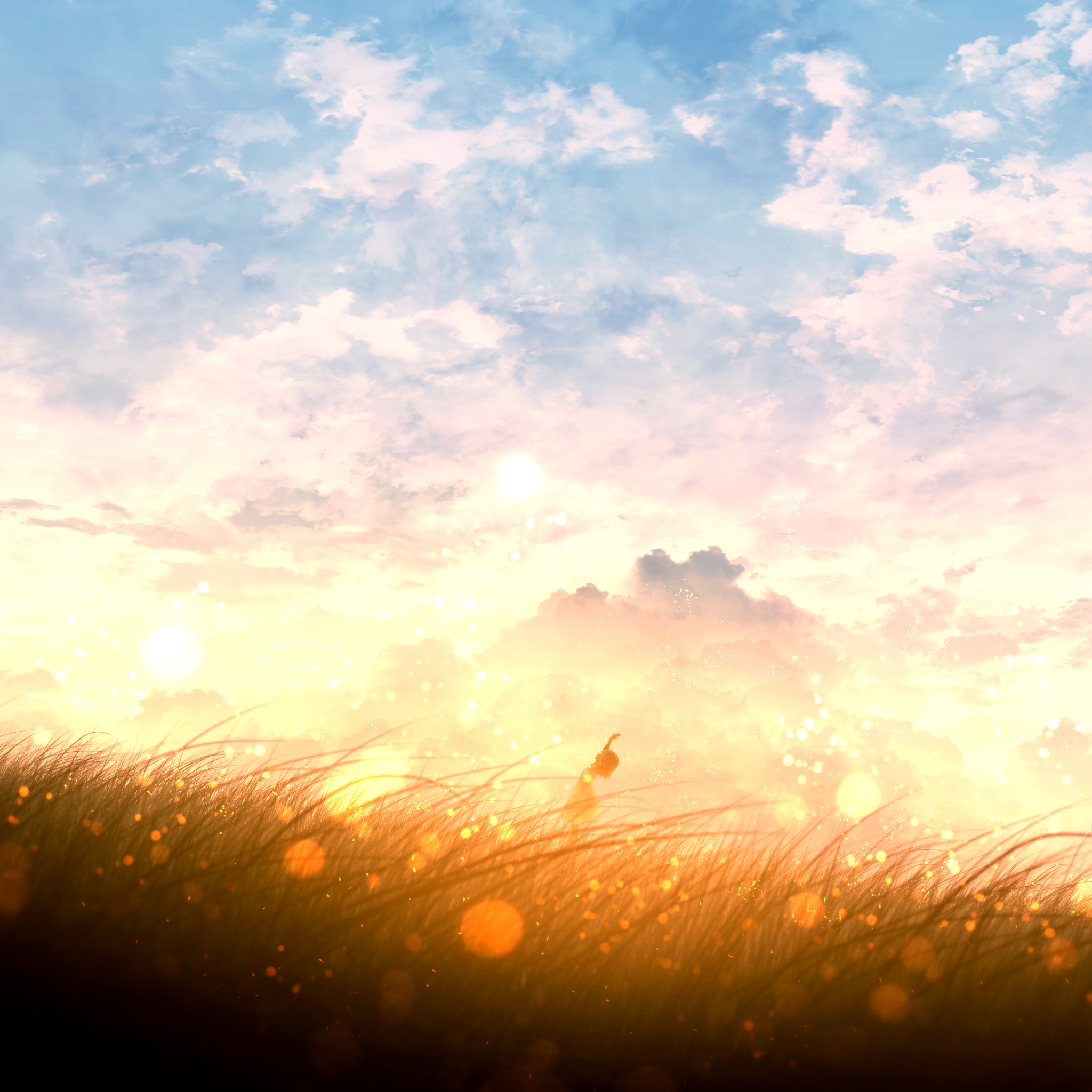 Anime girl looking up at the sky in a glowing golden field by furi / ふーり